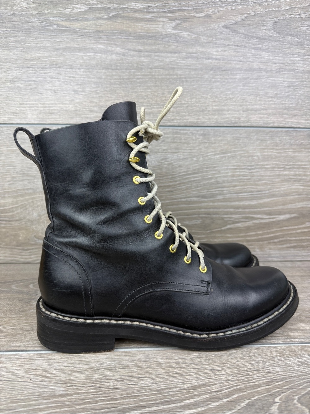 Rag & Bone Emil Women’s Sz 9/EU 39 Black Leather Lace Up Gold Eyelet Combat Boot